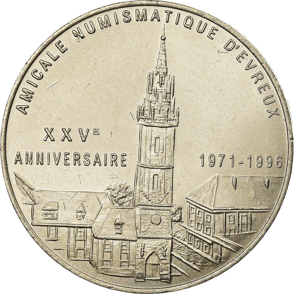 France, Token, 1 Euro Ville d'Evreux, 1996, MS(65-70), Copper-nickel