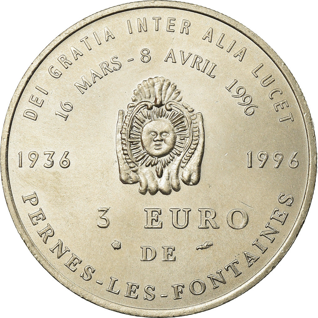 França, Token, 3 euro de Pernes-les-Fontaines, 1996, MS(65-70), Cobre-níquel