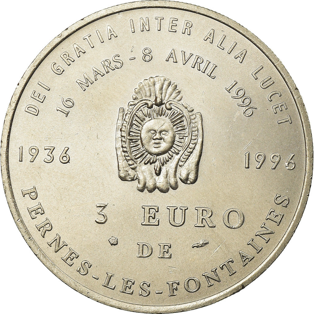 France, Token, 3 euro de Pernes-les-Fontaines, 1996, MS(65-70), Copper-nickel