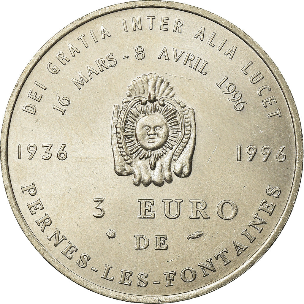 France, Token, 3 euro de Pernes-les-Fontaines, 1996, MS(64), Copper-nickel