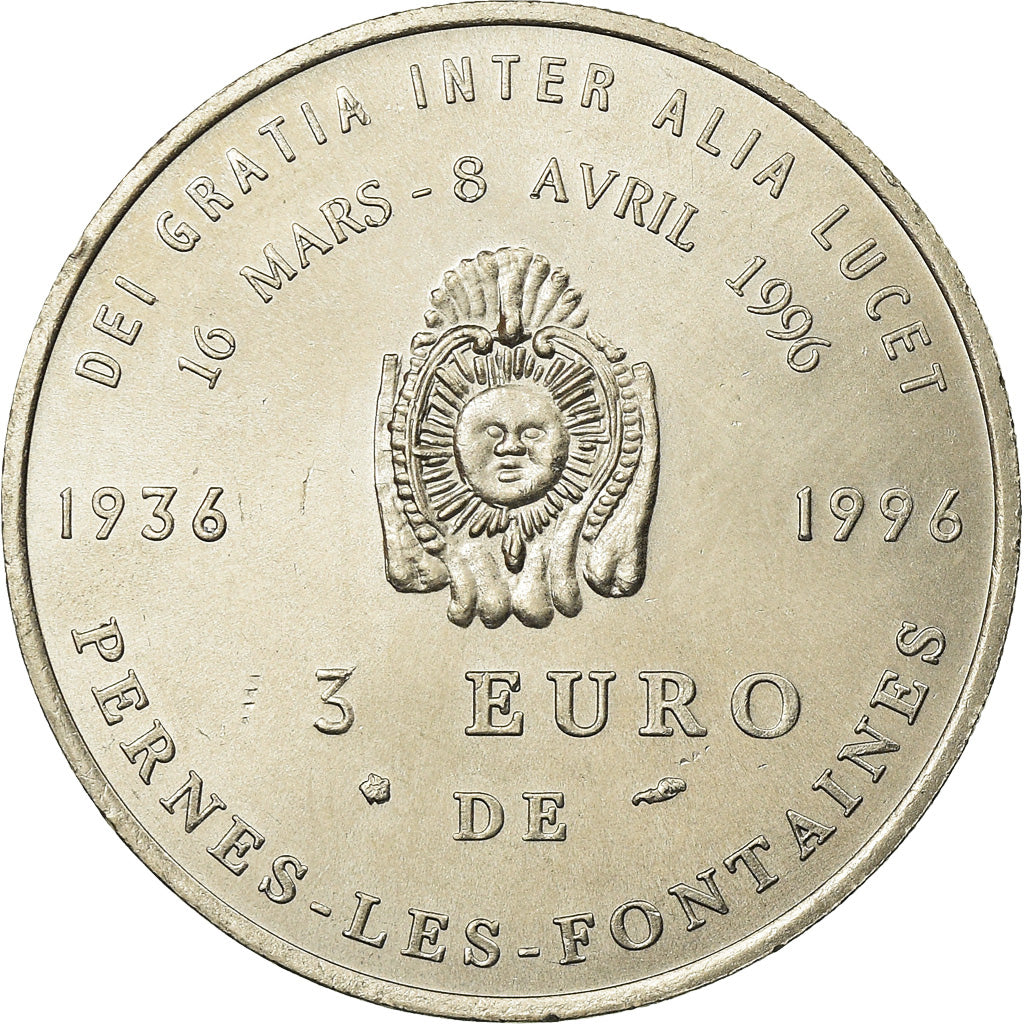 France, Token, 3 euro de Pernes-les-Fontaines, 1996, MS(64), Copper-nickel