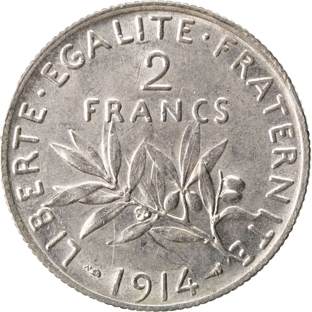 FRANCE, Semeuse, 2 Francs, 1914, Paris, KM #845.1, AU(55-58), Silver, 27,...