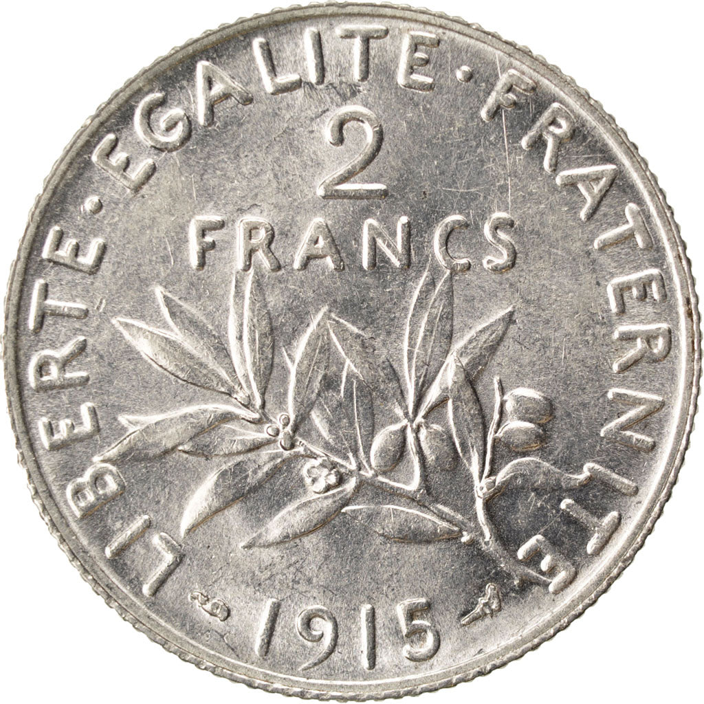 FRANCE, Semeuse, 2 Francs, 1915, Paris, KM #845.1, MS(60-62), Silver, 27,...