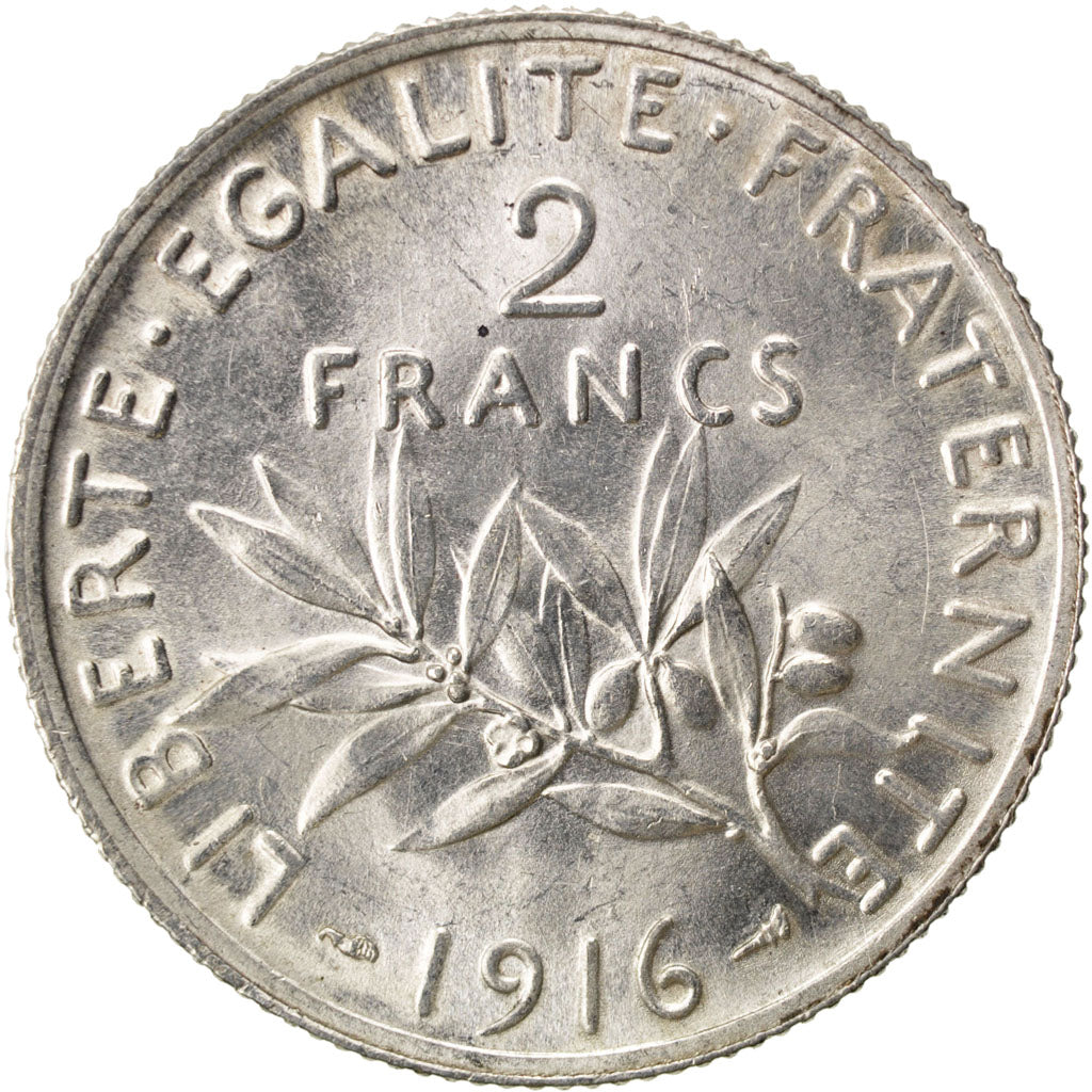 FRANCE, Semeuse, 2 Francs, 1916, Paris, KM #845.1, MS(60-62), Silver, 27,...