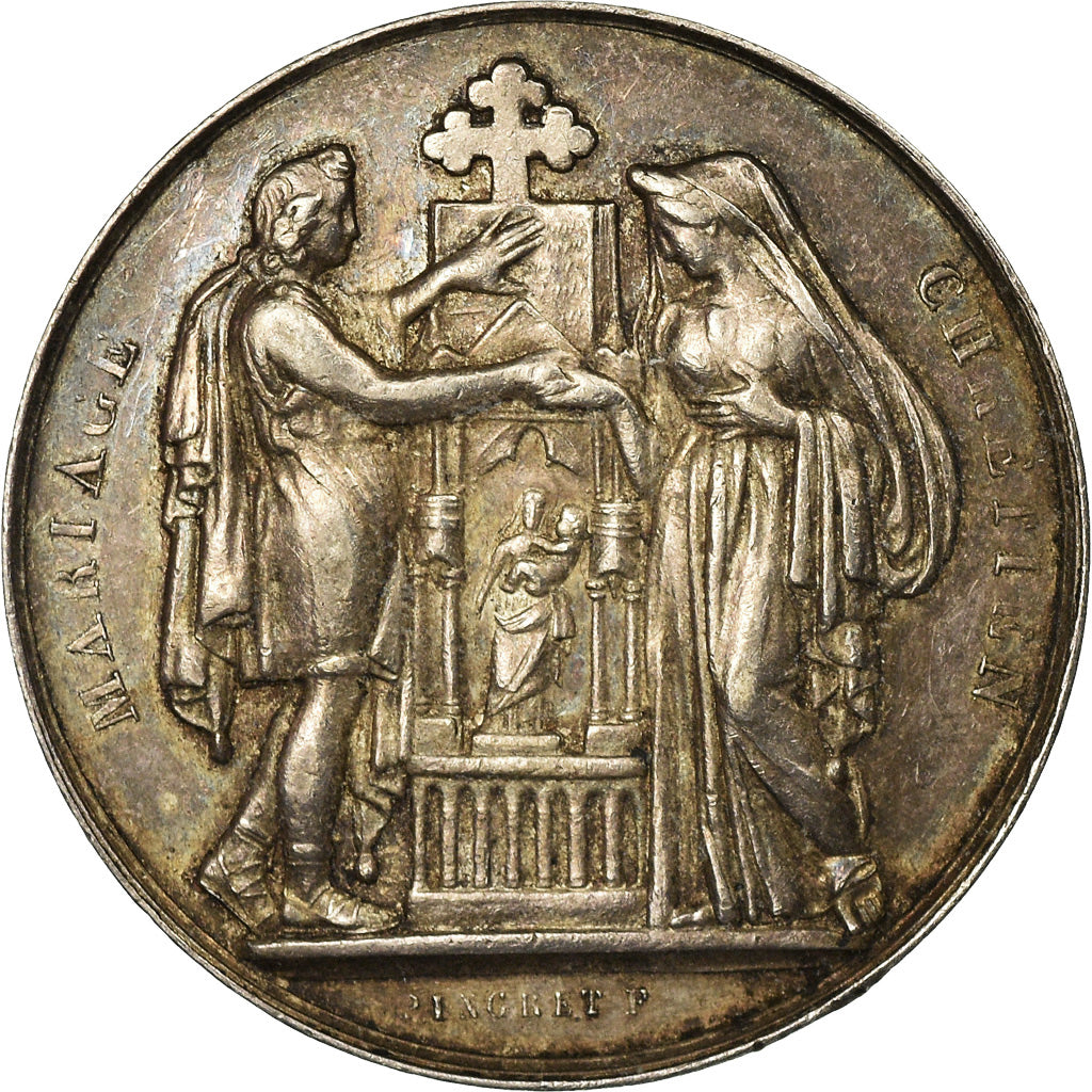 Francia, medalla, Mariage Chrétien, Religions & beliefs, 1866, Pingret, MBC+