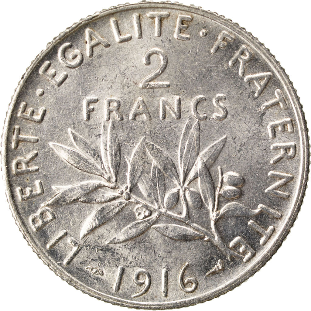 FRANCE, Semeuse, 2 Francs, 1916, Paris, KM #845.1, MS(60-62), Silver, 27,...