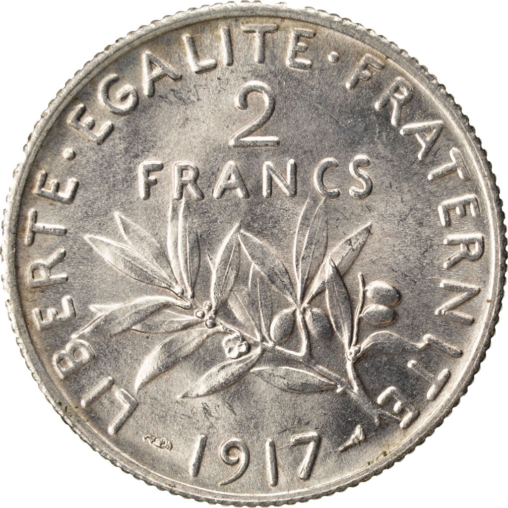 FRANCE, Semeuse, 2 Francs, 1917, Paris, KM #845.1, MS(60-62), Silver, 27,...