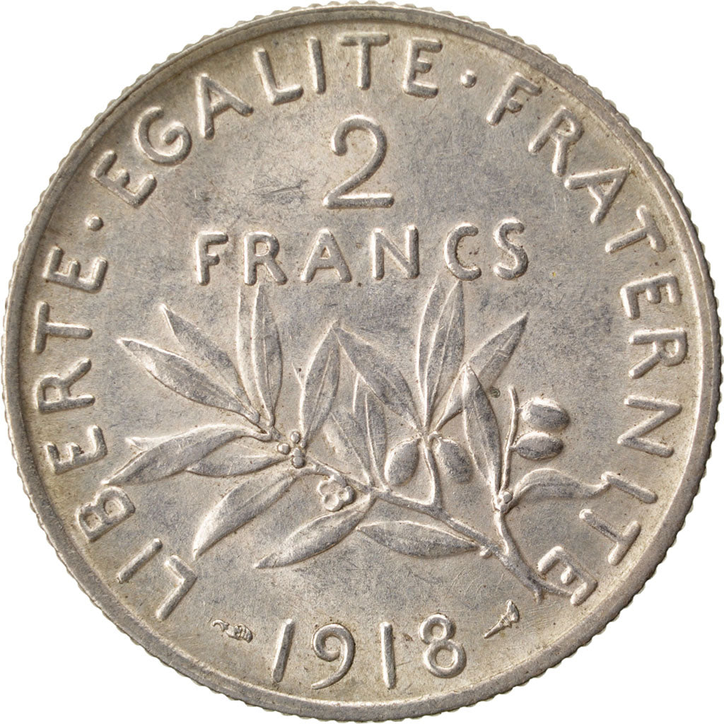 FRANCE, Semeuse, 2 Francs, 1918, Paris, KM #845.1, AU(55-58), Silver, 27,...