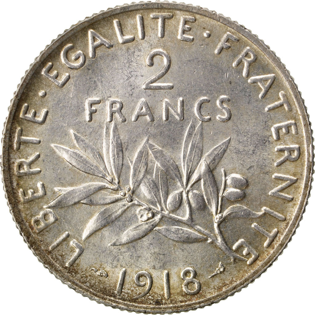 FRANCE, Semeuse, 2 Francs, 1918, Paris, KM #845.1, AU(55-58), Silver, 27,...