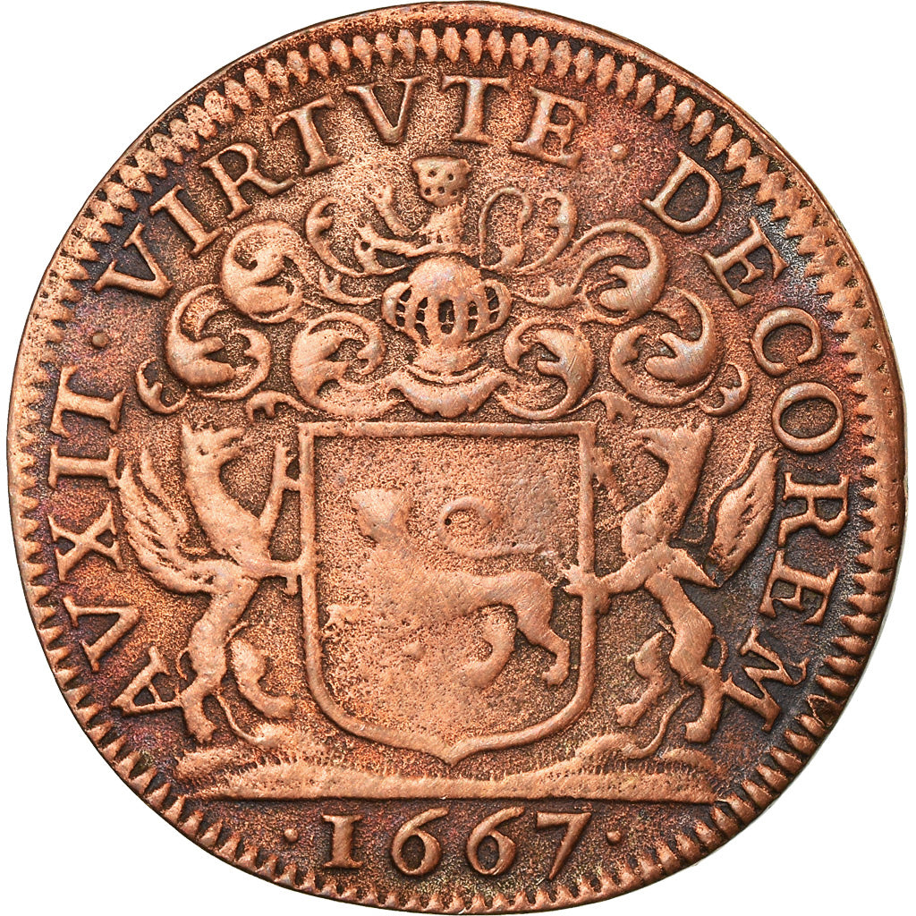 Francia, Token, Louis XIV, Jean Joly, Maire de Dijon, History, 1667, MBC, Cobre