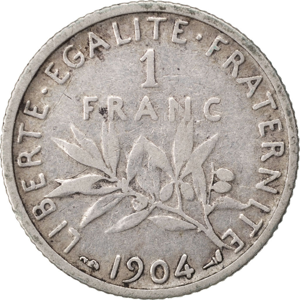 FRANCE, Semeuse, Franc, 1904, Paris, KM #844.1, VF(30-35), Silver, 23, Gadoury..