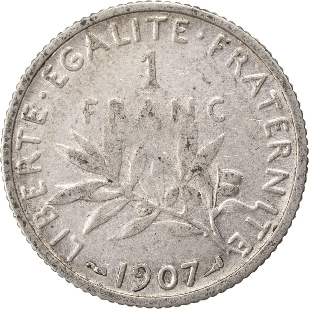 FRANCE, Semeuse, Franc, 1907, Paris, KM #844.1, VF(20-25), Silver, 23, Gadoury..