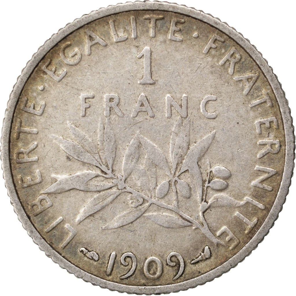 FRANCE, Semeuse, Franc, 1909, Paris, KM #844.1, VF(20-25), Silver, 23, Gadoury..