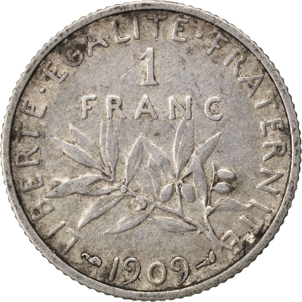 FRANCE, Semeuse, Franc, 1909, Paris, KM #844.1, VF(30-35), Silver, 23, Gadoury..