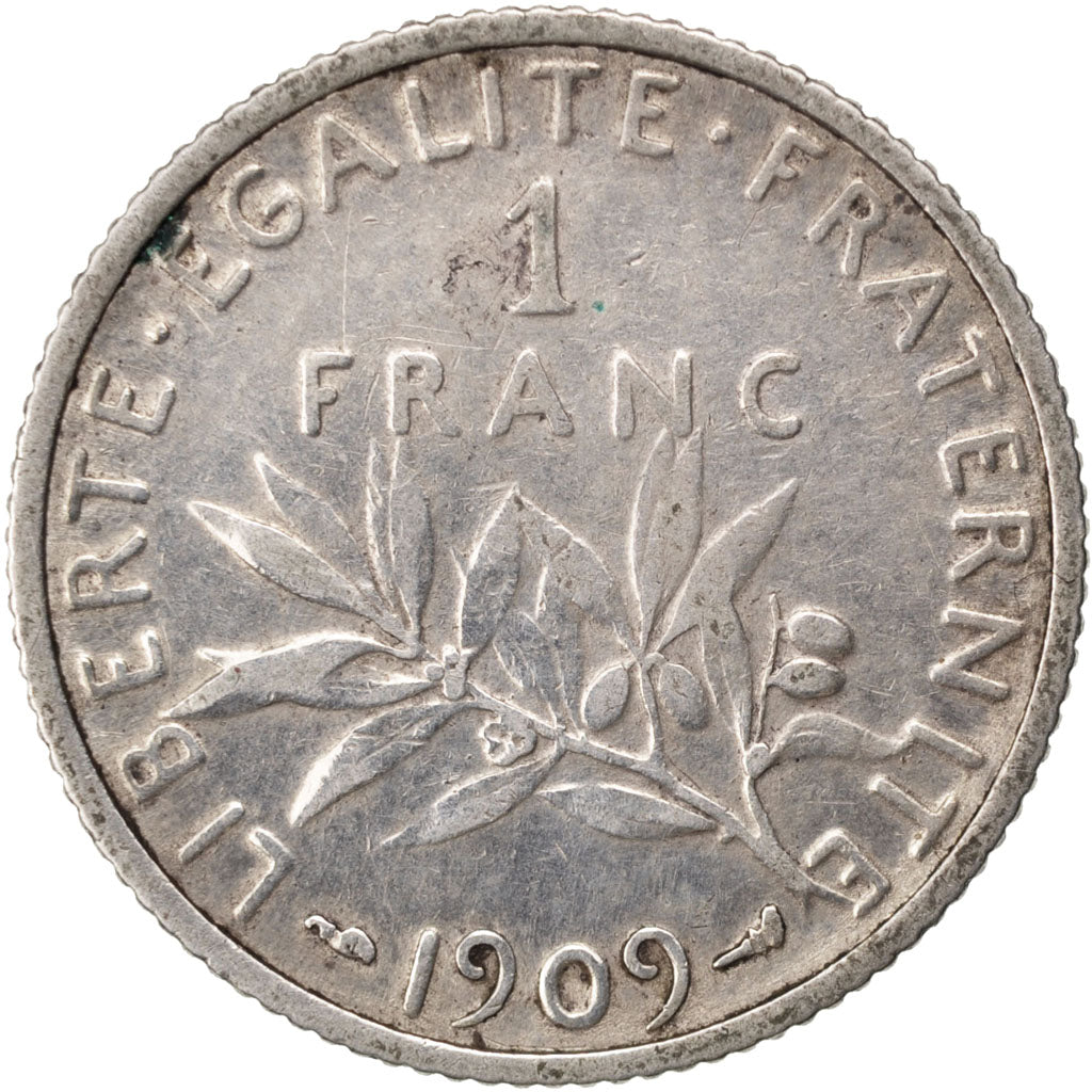 FRANCE, Semeuse, Franc, 1909, Paris, KM #844.1, VF(30-35), Silver, 23, Gadoury..