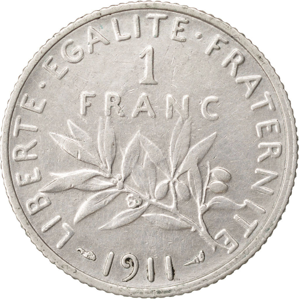 Coin, France, Semeuse, Franc, 1911, EF(40-45), Silver, Gadoury:467