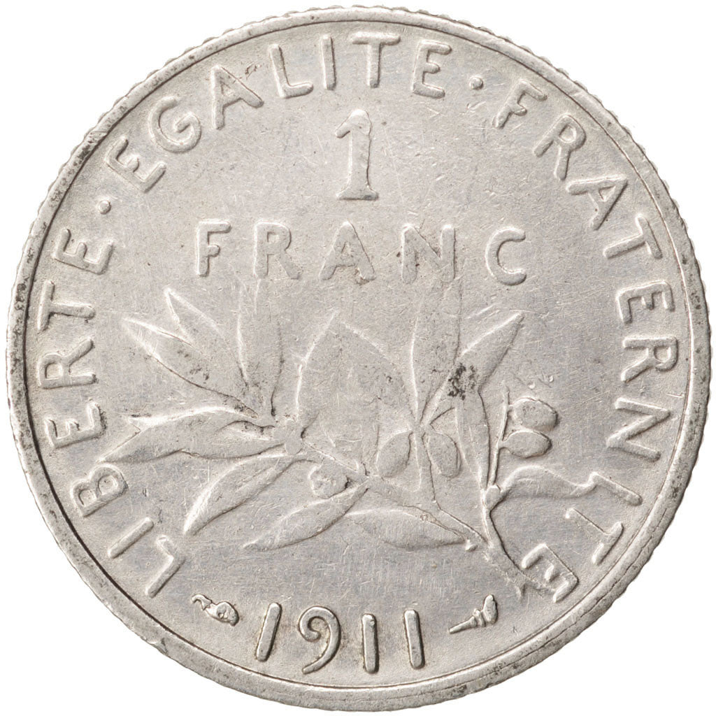 FRANCE, Semeuse, Franc, 1911, Paris, KM #844.1, VF(30-35), Silver, 23, Gadoury..