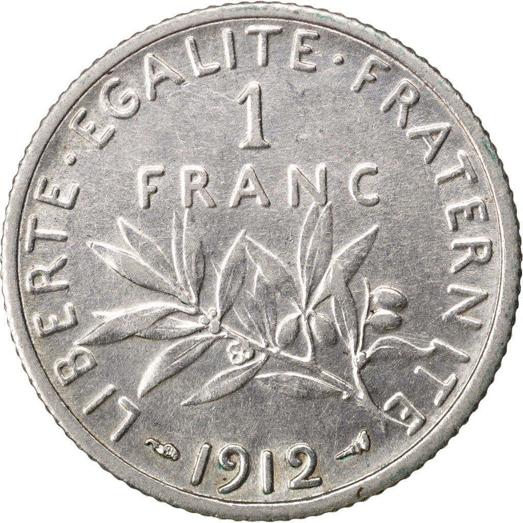 FRANCE, Semeuse, Franc, 1912, Paris, KM #844.1, AU(50-53), Silver, 23, Gadoury..