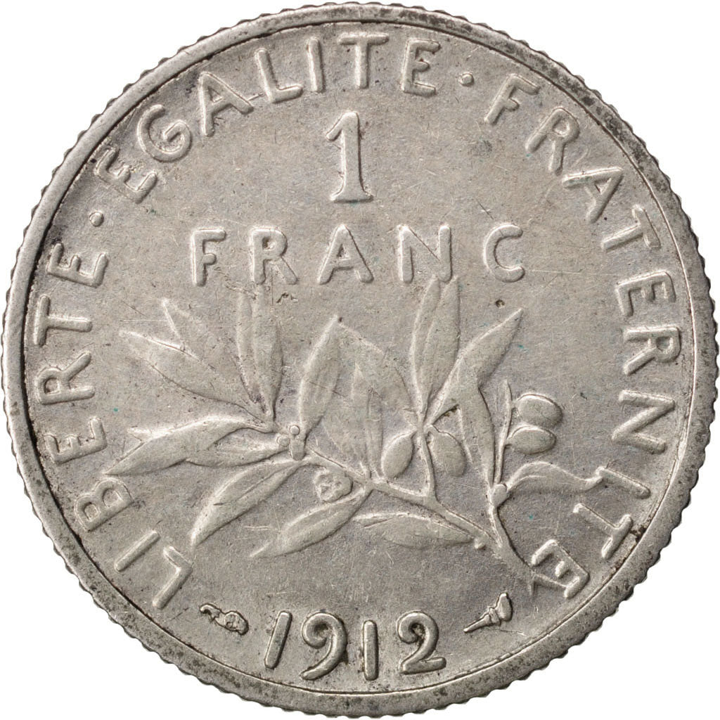 FRANCE, Semeuse, Franc, 1912, Paris, KM #844.1, EF(40-45), Silver, 23, Gadoury..
