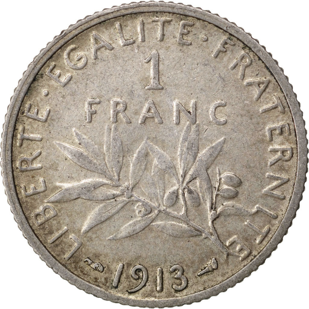 FRANCE, Semeuse, Franc, 1913, Paris, KM #844.1, VF(30-35), Silver, 23, Gadoury..