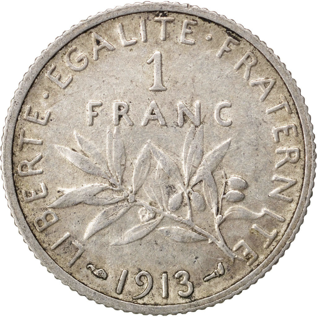 FRANCE, Semeuse, Franc, 1913, Paris, KM #844.1, AU(50-53), Silver, 23, Gadoury..