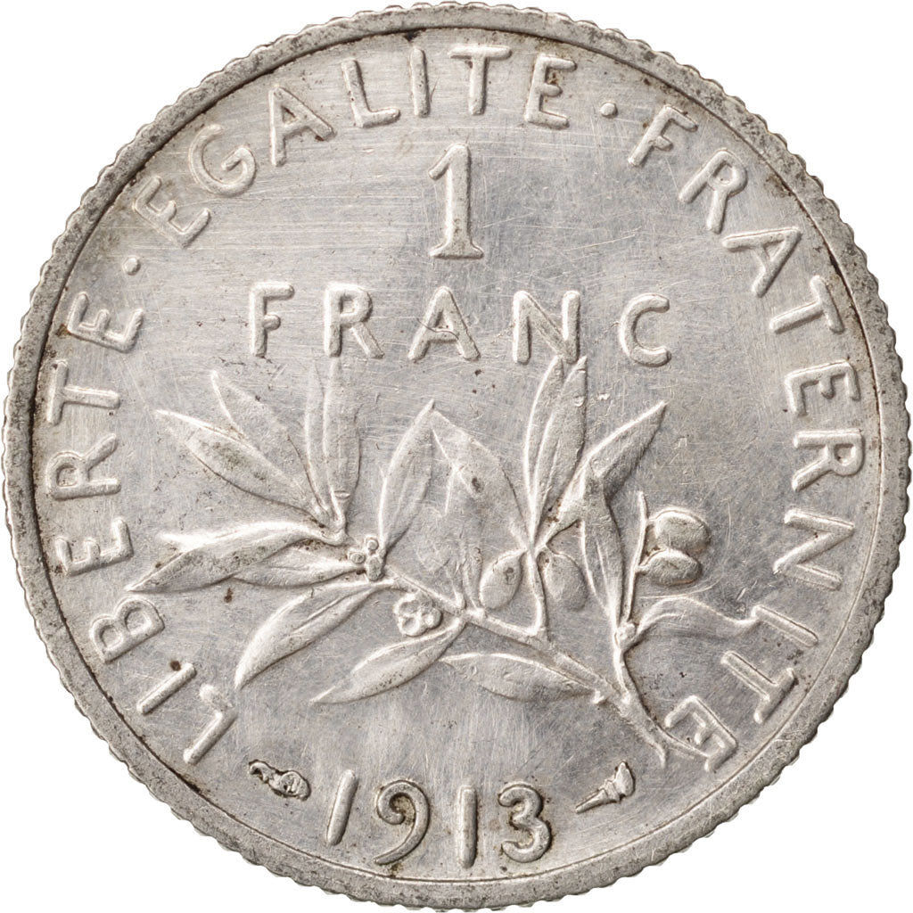 FRANCE, Semeuse, Franc, 1913, Paris, KM #844.1, AU(55-58), Silver, 23, Gadoury..