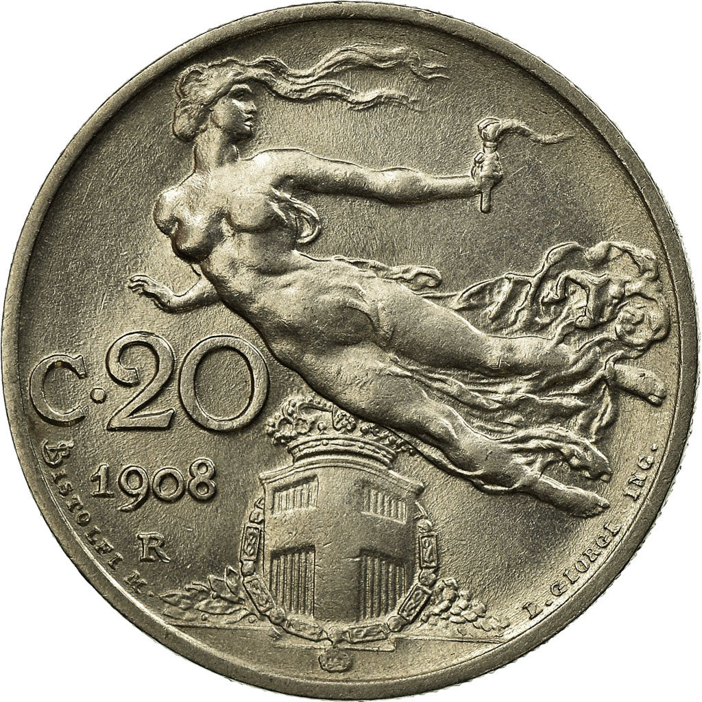 Coin, Italy, Vittorio Emanuele III, 20 Centesimi, 1908, Rome, AU(55-58), Nickel