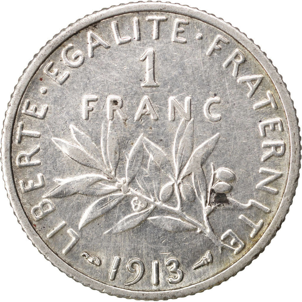 FRANCE, Semeuse, Franc, 1913, Paris, KM #844.1, AU(55-58), Silver, 23, Gadoury..