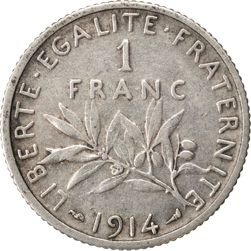 FRANCE, Semeuse, Franc, 1914, Paris, KM #844.1, VF(30-35), Silver, 23, Gadoury..