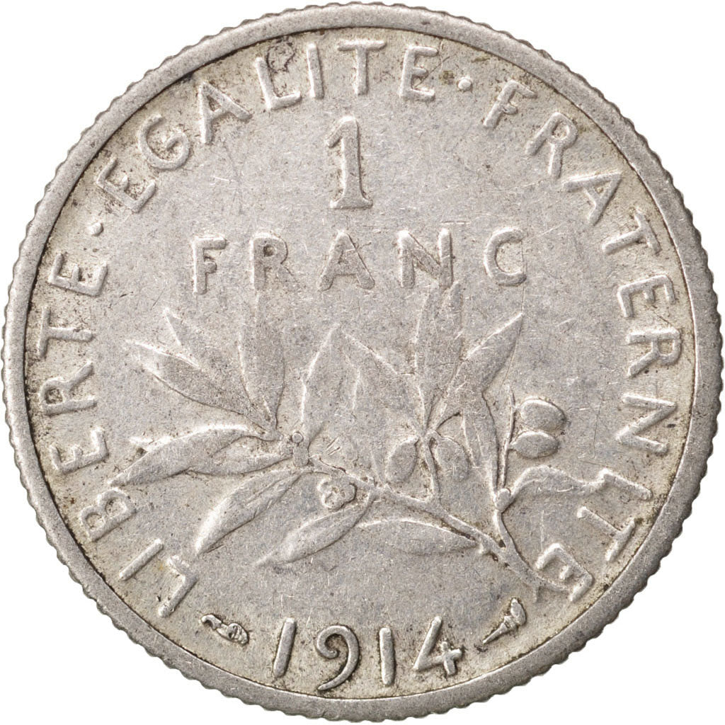 FRANCE, Semeuse, Franc, 1914, Paris, KM #844.1, VF(20-25), Silver, 23, Gadoury..