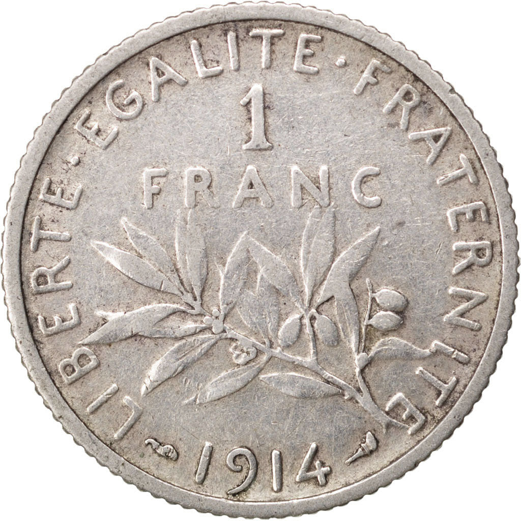 FRANCE, Semeuse, Franc, 1914, Paris, KM #844.1, VF(20-25), Silver, 23, Gadoury..
