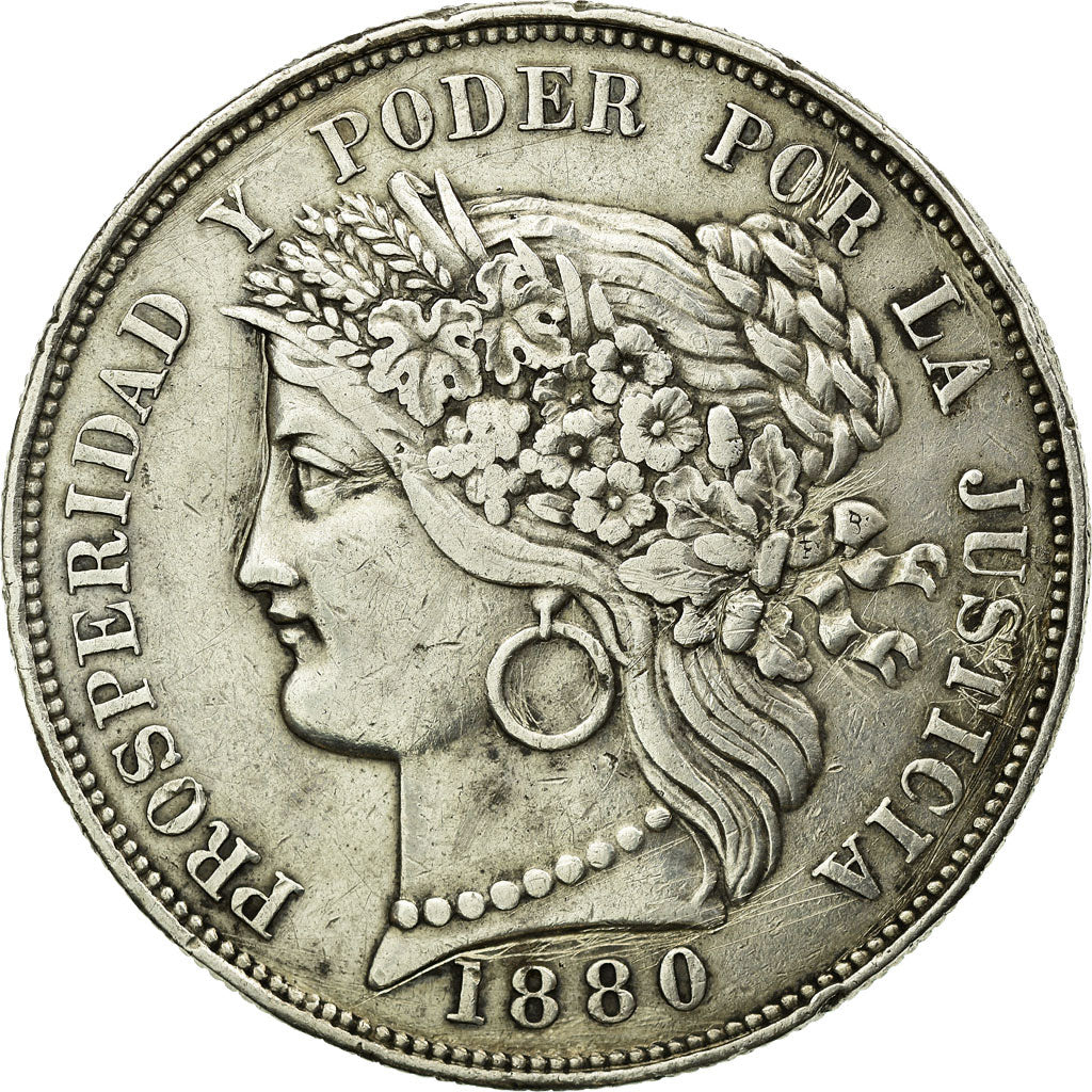 Coin, Peru, 5 Pesetas, 1880, Lima, VF(30-35), Silver, KM:201.1
