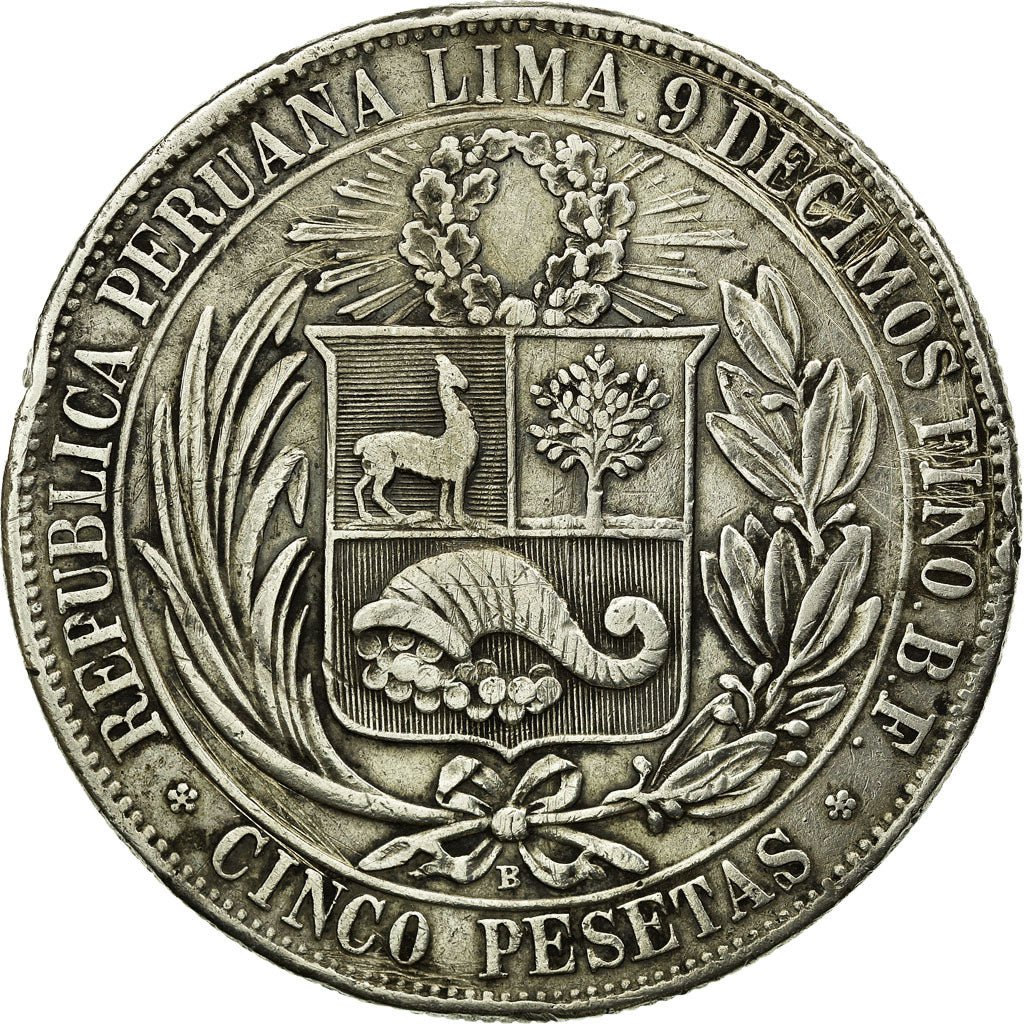 Coin, Peru, 5 Pesetas, 1880, Lima, VF(30-35), Silver, KM:201.1