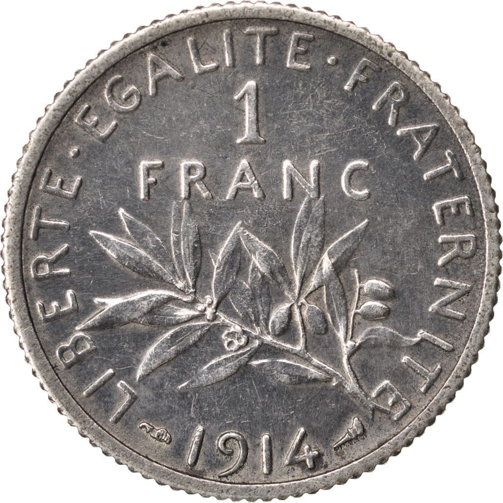 FRANCE, Semeuse, Franc, 1914, Paris, KM #844.1, AU(50-53), Silver, 23, Gadoury..
