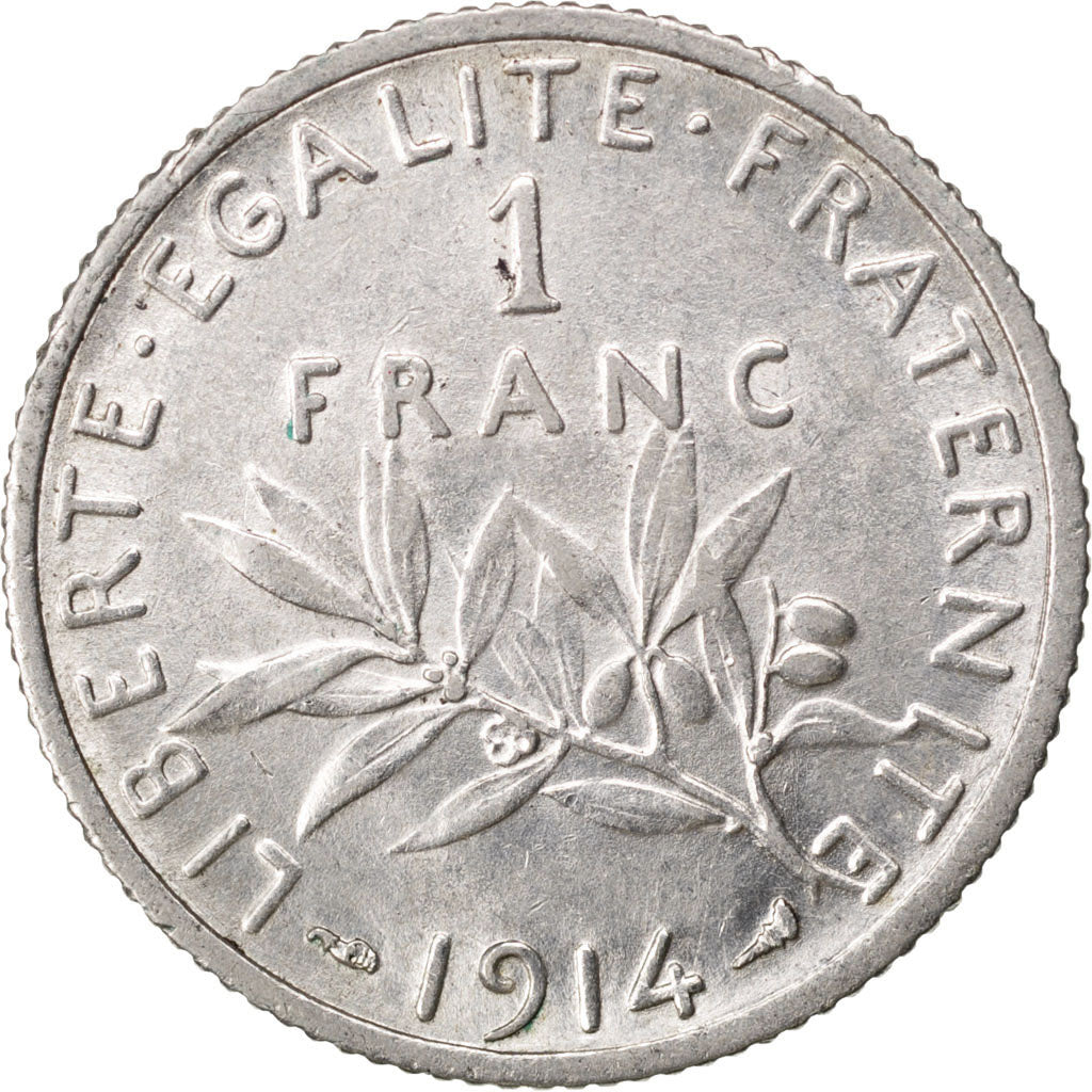 FRANCE, Semeuse, Franc, 1914, Paris, KM #844.1, AU(50-53), Silver, 23, Gadoury..