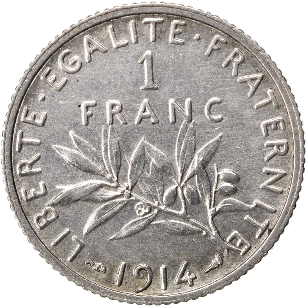 FRANCE, Semeuse, Franc, 1914, Paris, KM #844.1, AU(50-53), Silver, 23, Gadoury..