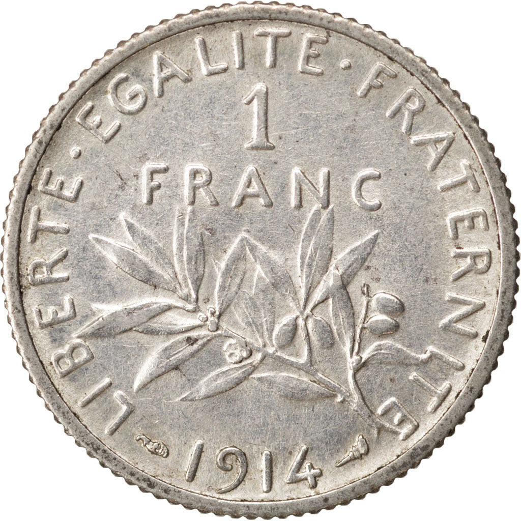 FRANCE, Semeuse, Franc, 1914, Paris, KM #844.1, AU(55-58), Silver, 23, Gadoury..