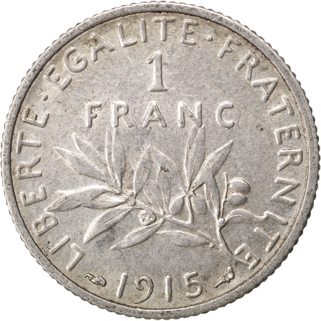 FRANCE, Semeuse, Franc, 1915, Paris, KM #844.1, AU(55-58), Silver, 23, Gadoury..