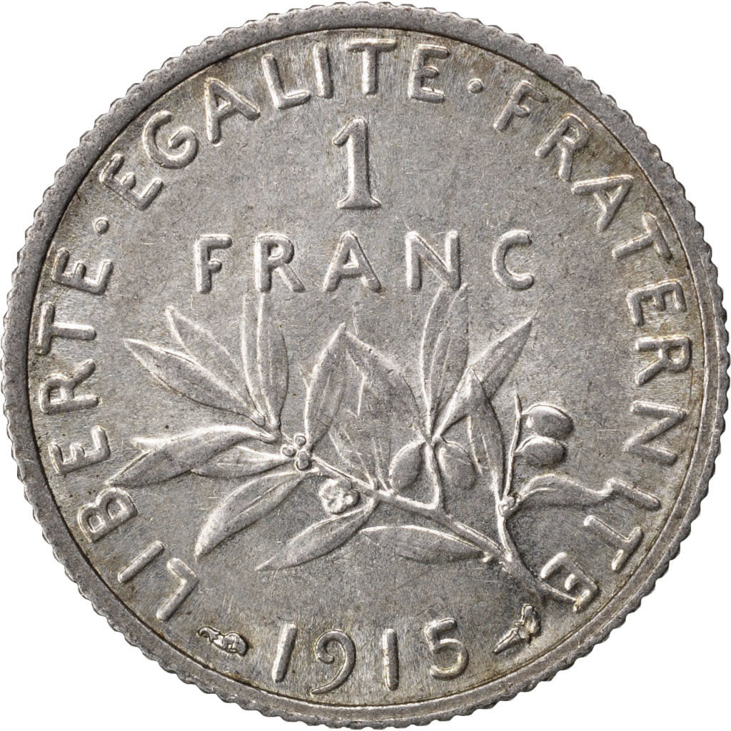 FRANCE, Semeuse, Franc, 1915, Paris, KM #844.1, AU(55-58), Silver, 23, Gadoury..