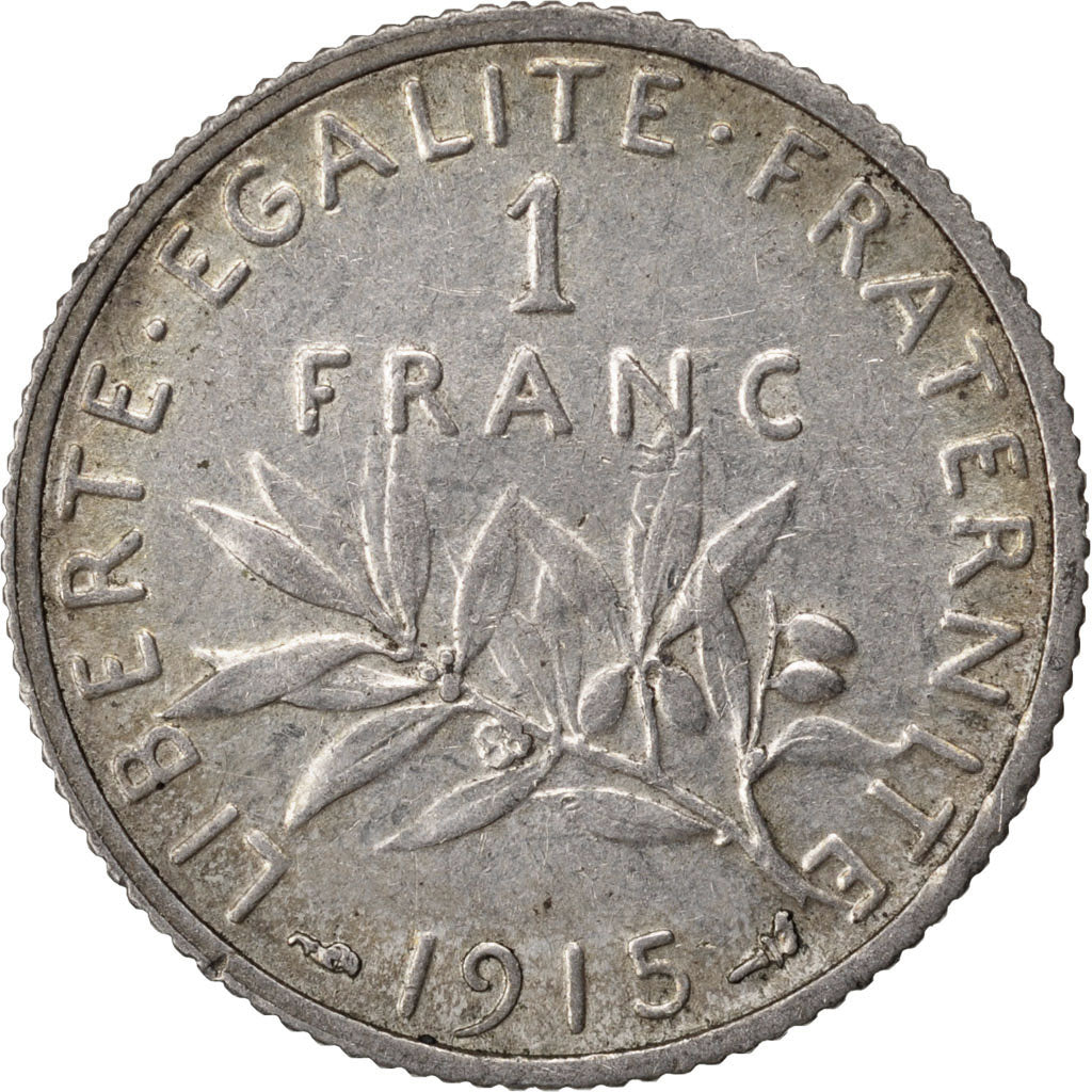 FRANCE, Semeuse, Franc, 1915, Paris, KM #844.1, AU(50-53), Silver, 23, Gadoury..