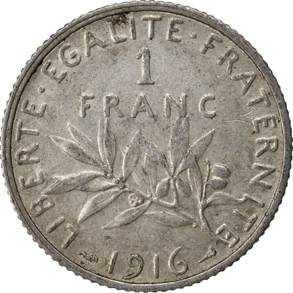 FRANCE, Semeuse, Franc, 1916, Paris, KM #844.1, AU(50-53), Silver, 23, Gadoury..