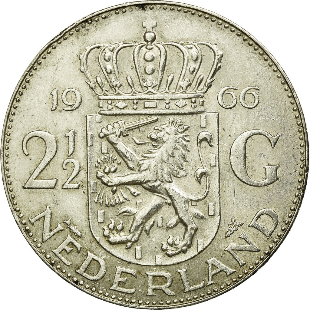 Coin, Netherlands, Juliana, 2-1/2 Gulden, 1966, AU(50-53), Silver, KM:185