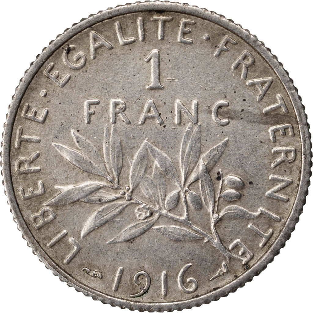FRANCE, Semeuse, Franc, 1916, Paris, KM #844.1, EF(40-45), Silver, 23, Gadoury..