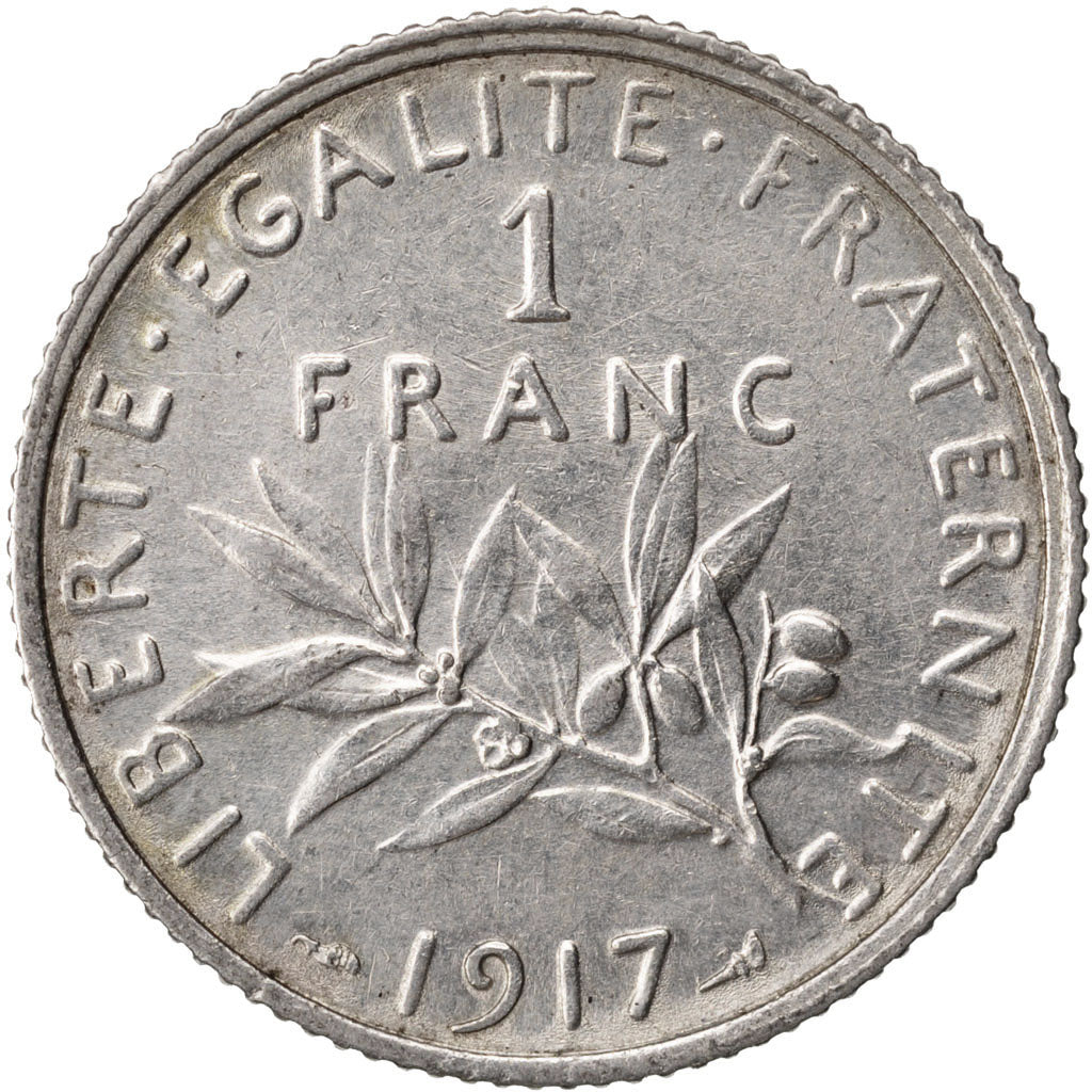 FRANCE, Semeuse, Franc, 1917, Paris, KM #844.1, AU(55-58), Silver, 23, Gadoury..