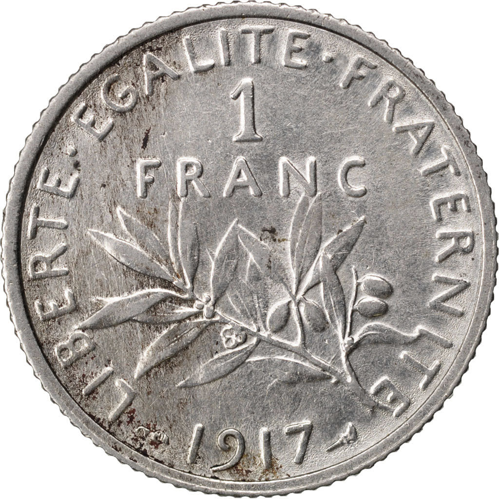 FRANCE, Semeuse, Franc, 1917, Paris, KM #844.1, AU(50-53), Silver, 23, Gadoury..