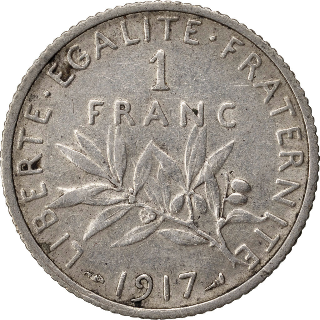 FRANCE, Semeuse, Franc, 1917, Paris, KM #844.1, AU(50-53), Silver, 23, Gadoury..