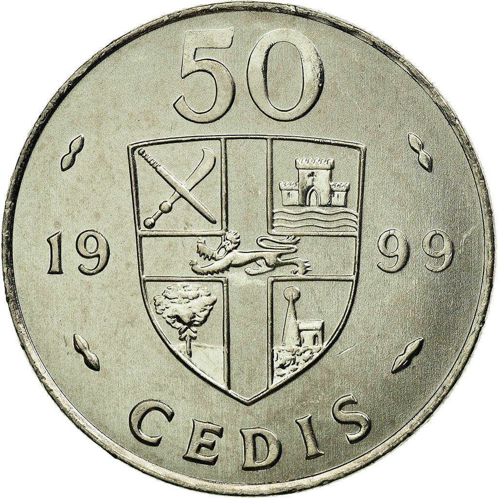 Moeda, Gana, 50 Cedis, 1999, MS(63), Aço Niquelado, KM:31a