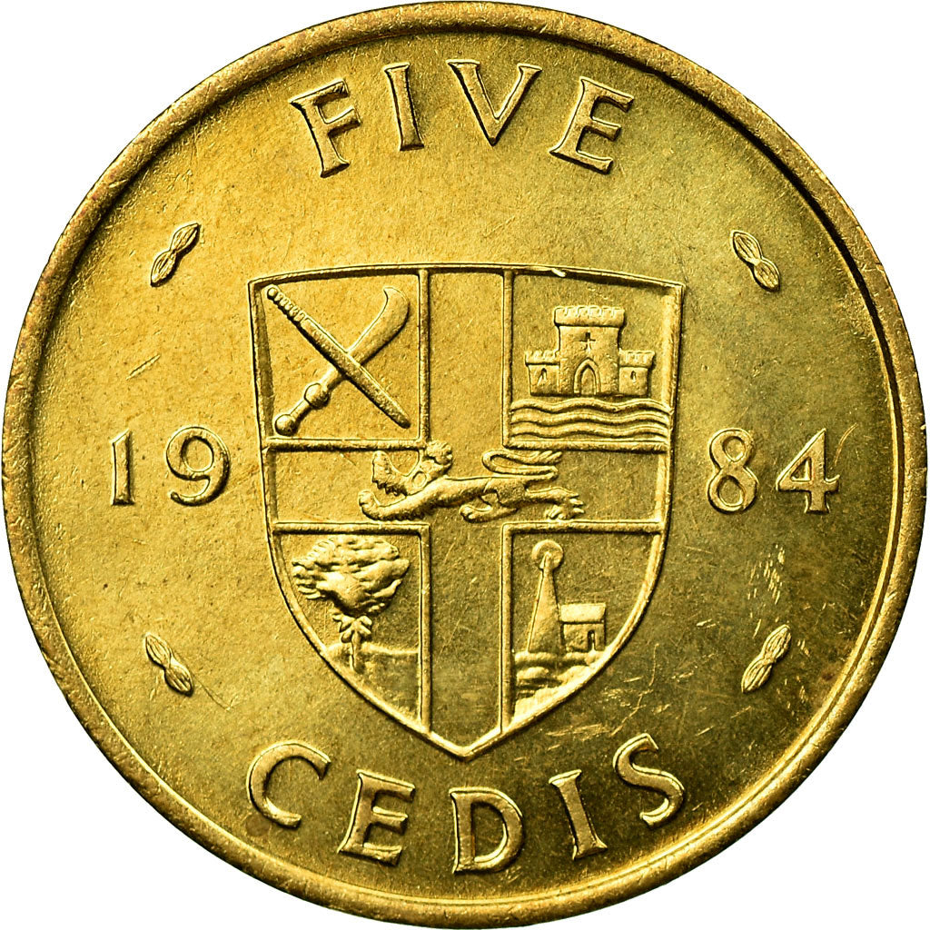Coin, Ghana, 5 Cedis, 1984, AU(55-58), Brass, KM:26