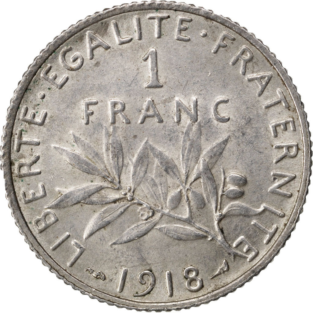 FRANCE, Semeuse, Franc, 1918, Paris, KM #844.1, AU(55-58), Silver, 23, Gadoury..