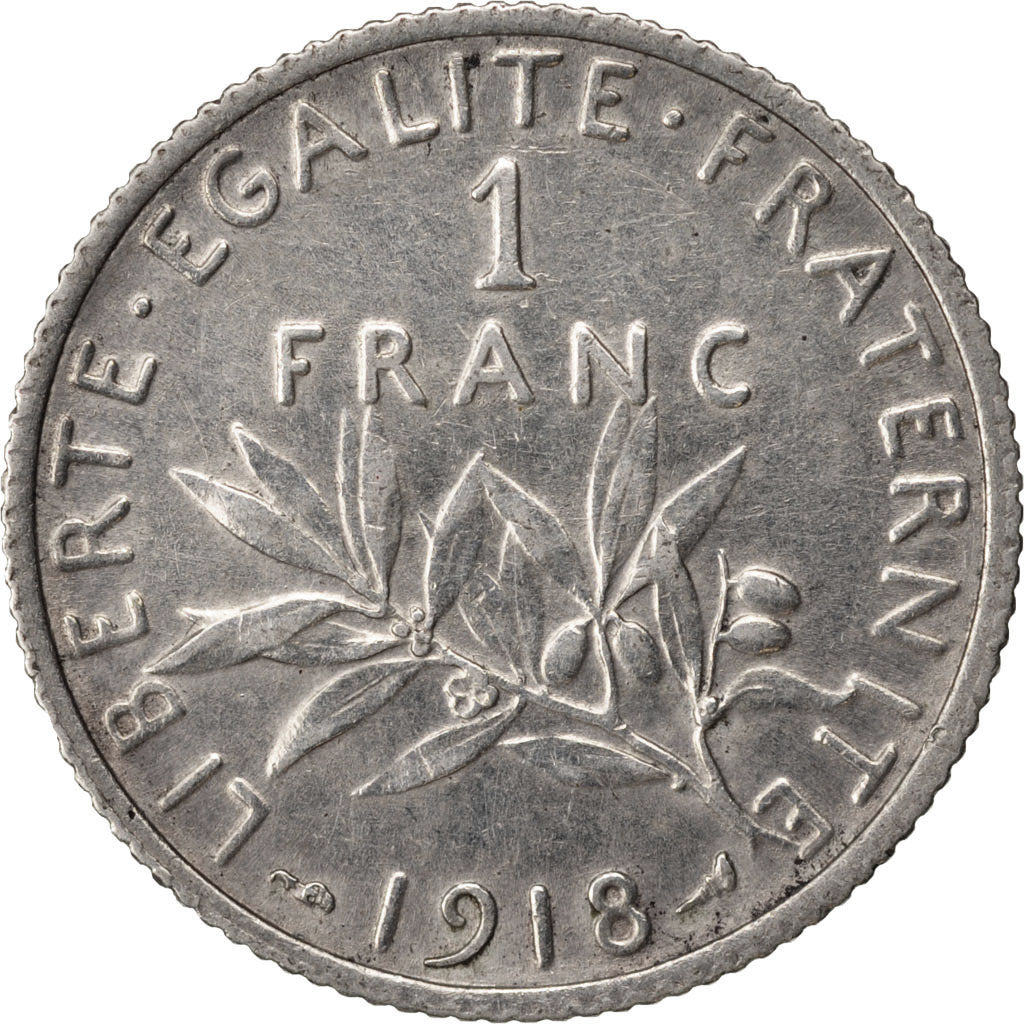 FRANCE, Semeuse, Franc, 1918, Paris, KM #844.1, AU(55-58), Silver, 23, Gadoury..